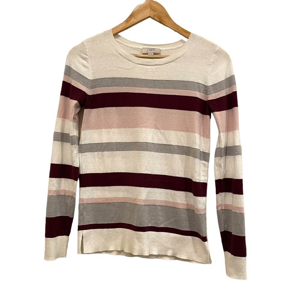 Loft Outlet Women's White Burgundy Silver Pink Striped Crewneck Sweater, Size XS